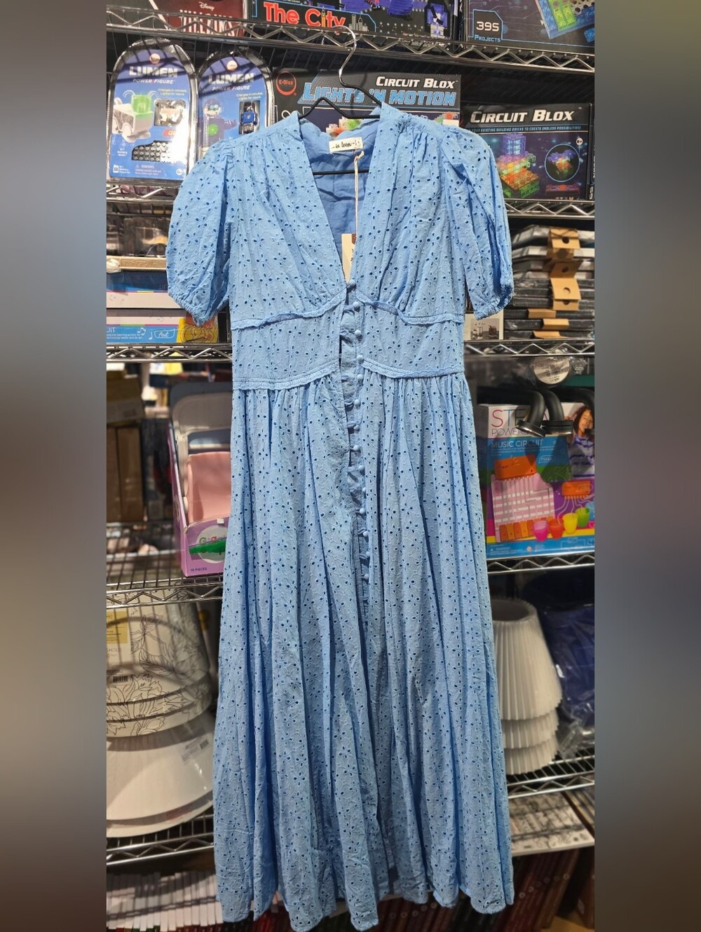 NWT S In loom Light Blue Eyelet Maxi Dress with Button Front